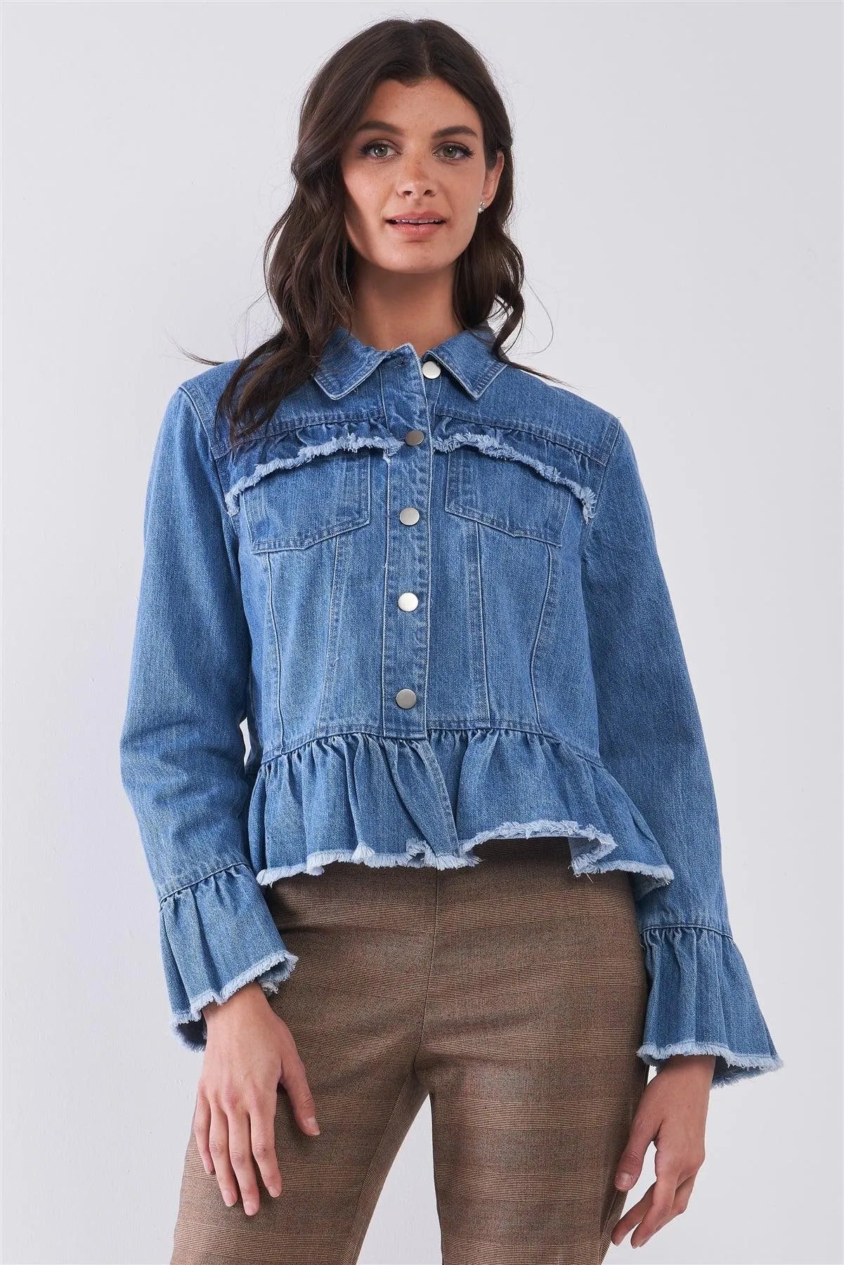 Denim-Blue Long Sleeve Raw Ruffle Hem Jacket /1-3-2-1 - Tasha Apparel Wholesale