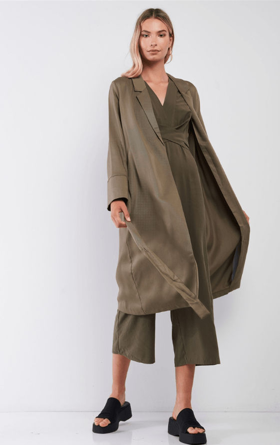 Olive Back Floral Embroidery Open Front Self Tie Duster Kimono Coat