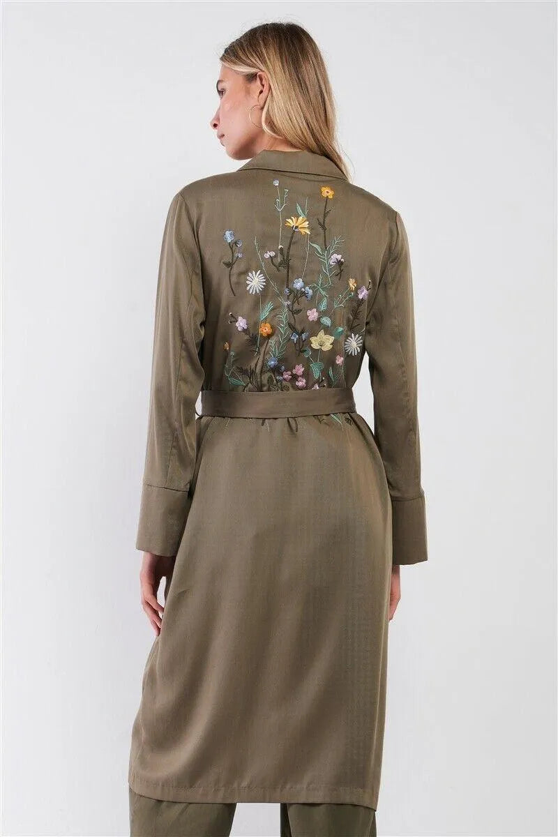 Olive Back Floral Embroidery Open Front Self Tie Duster Kimono Coat - Tasha Apparel Wholesale