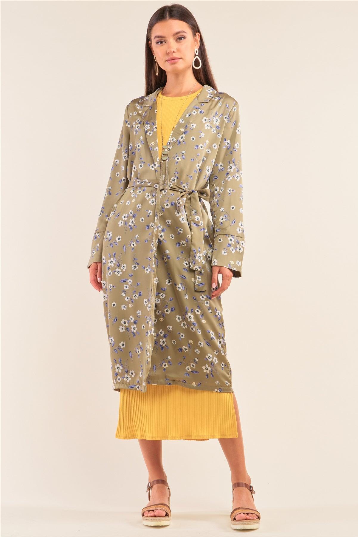 Green Multi Floral Satin Open Front Self Tie Duster Coat
