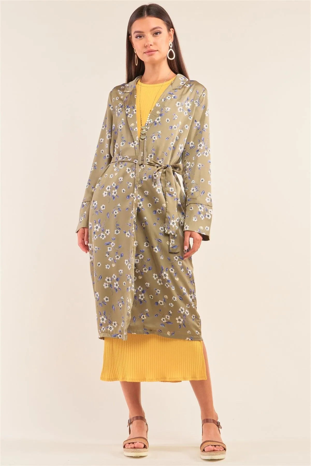 Green Multi Floral Satin Open Front Self Tie Duster Coat - Tasha Apparel Wholesale