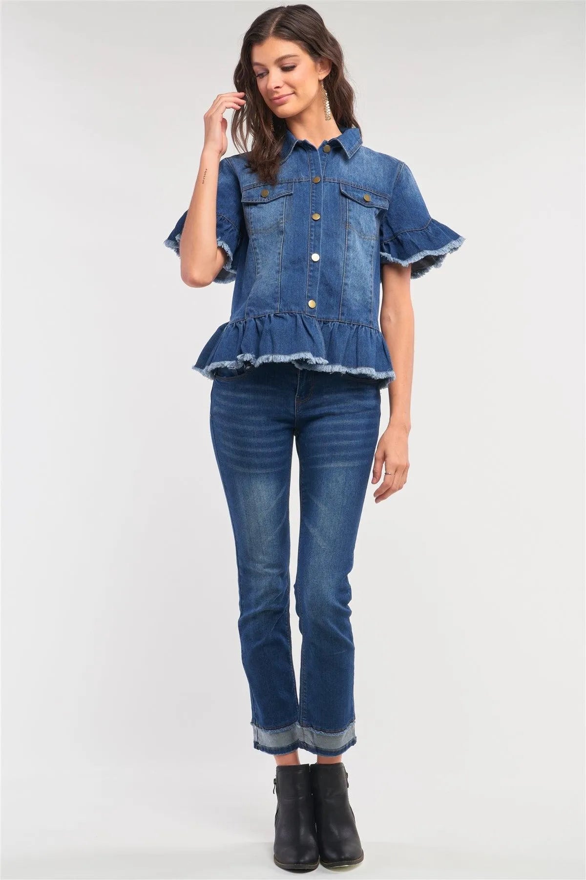Medium Blue Washed Denim Effect Short Sleeve Button-Down Front Flare Shredded Hem Shirt Jacket /2-2-2 - Tasha Apparel Wholesale