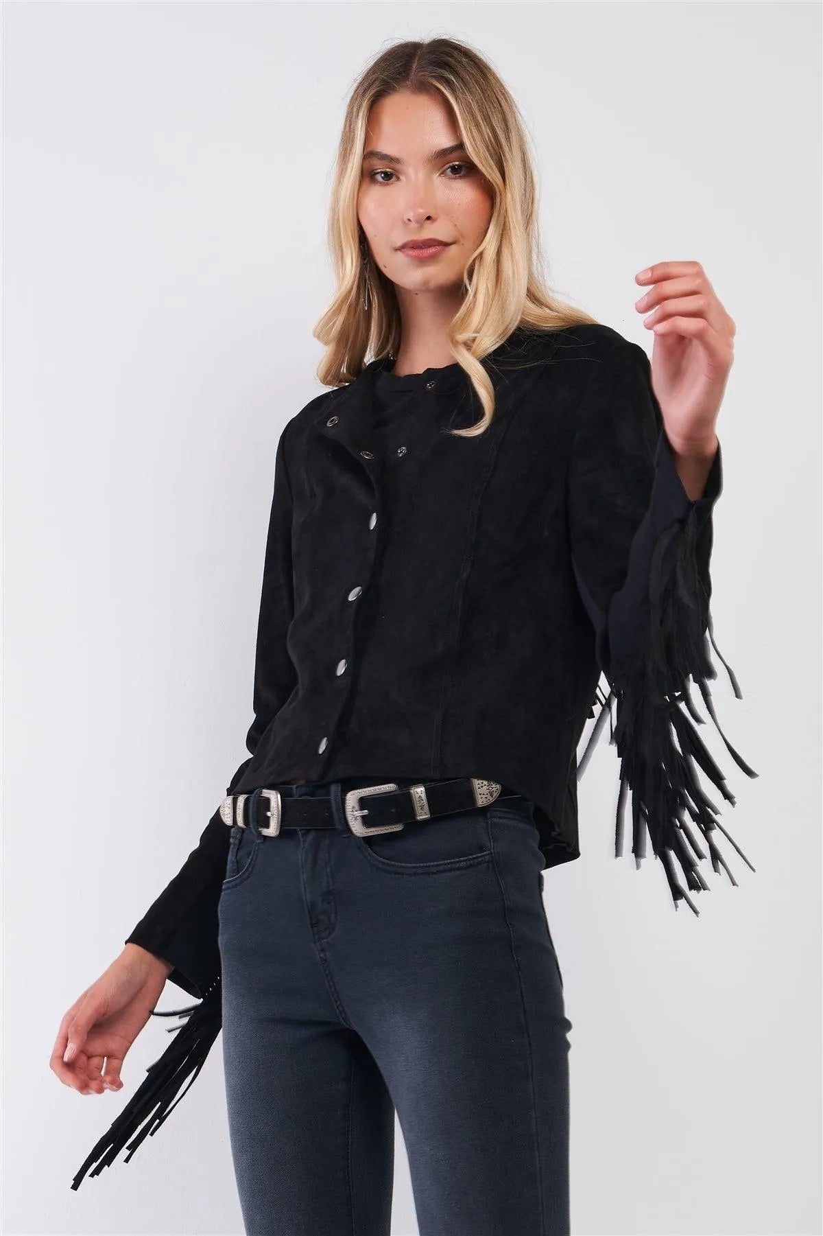 Black Faux Suede Fringed Western Jacket /1-2-2-1 - Tasha Apparel Wholesale