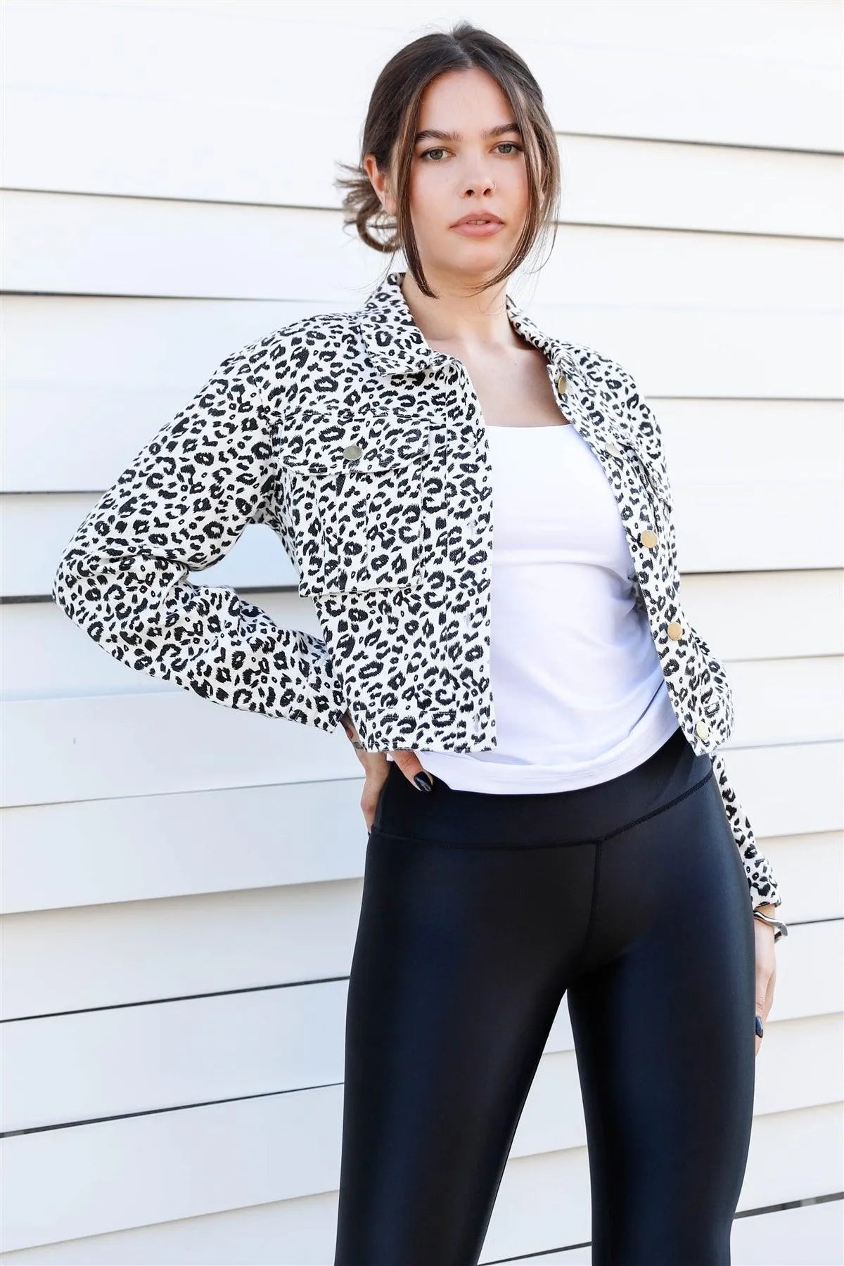 Distressed Cotton Denim Jacket with Mixed Leopard-Floral Print Yoke
