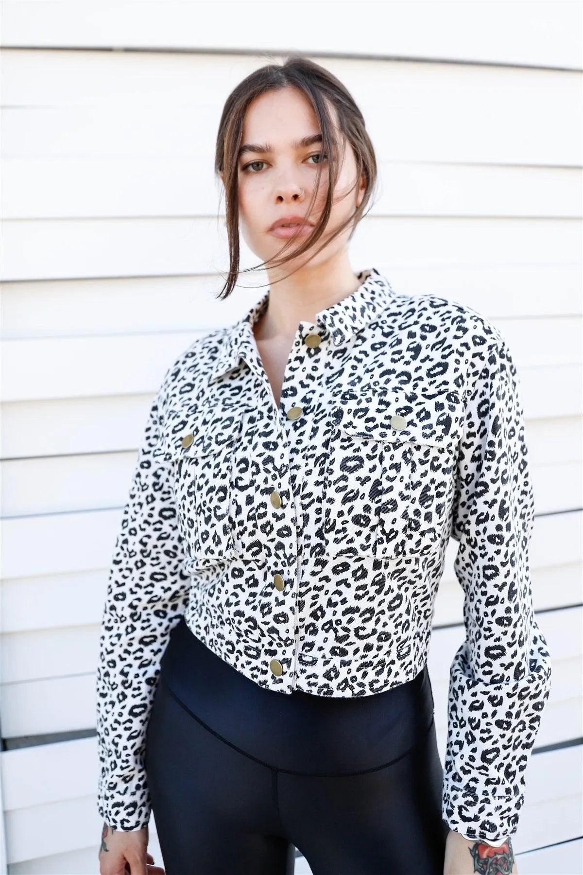 White & Black Cotton Leopard Print Cropped Denim Jacket /3-2 - Tasha Apparel Wholesale
