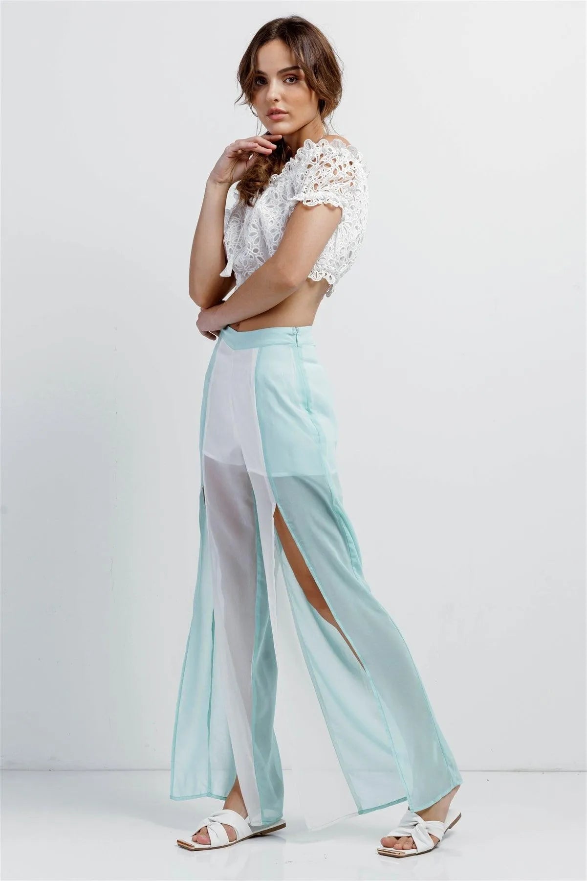Aqua & White Color Block Semi-Sheer Chiffon High Waist Front Slit Detail Wide Leg Pants /1-2-2-1 - Tasha Apparel Wholesale