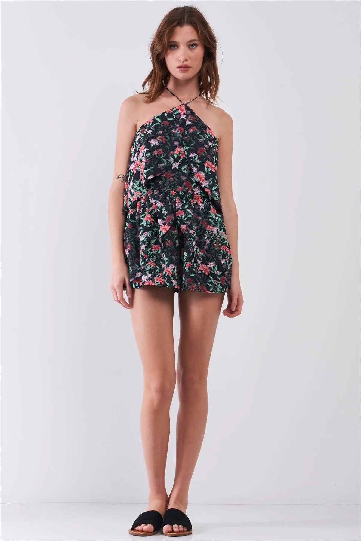 Black Floral Sleeveless Layered Halter Neck Racer Back Strap Detail Romper /1-2-2-1 - Tasha Apparel Wholesale