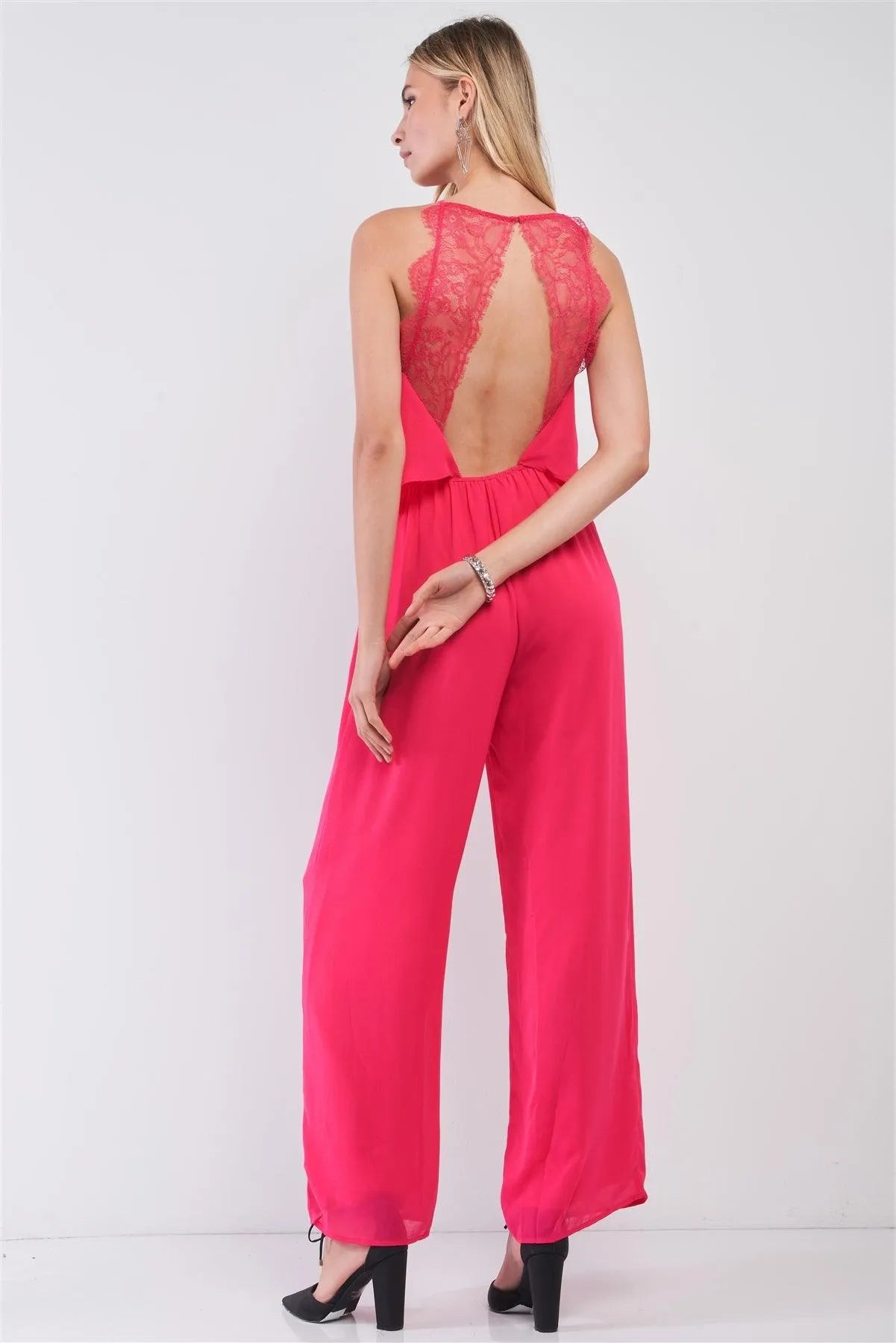 Hot-Pink Sleeveless Halter Neck Wide Leg Back Lace Trim Jumpsuit /1-2-1-1 - Tasha Apparel Wholesale