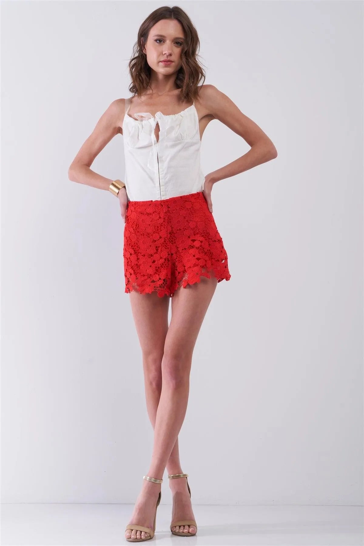 Candy Apple Red Floral Crochet High Waist Summer Mini Shorts /1-2-2-1 - Tasha Apparel Wholesale