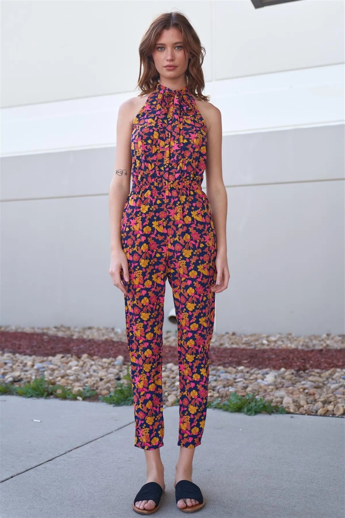 Navy Multi Floral Print Self-Tie Mock Neck Sleeveless Elasticated Waistline Side Pockets Jumpsuit /3-3 - Tasha Apparel Wholesale