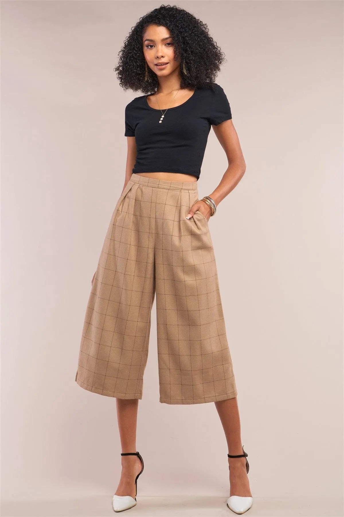 Camel Plaid Checkered High Waisted Pleated Detail Wide Leg Pants /2-1-2-1 - Tasha Apparel Wholesale