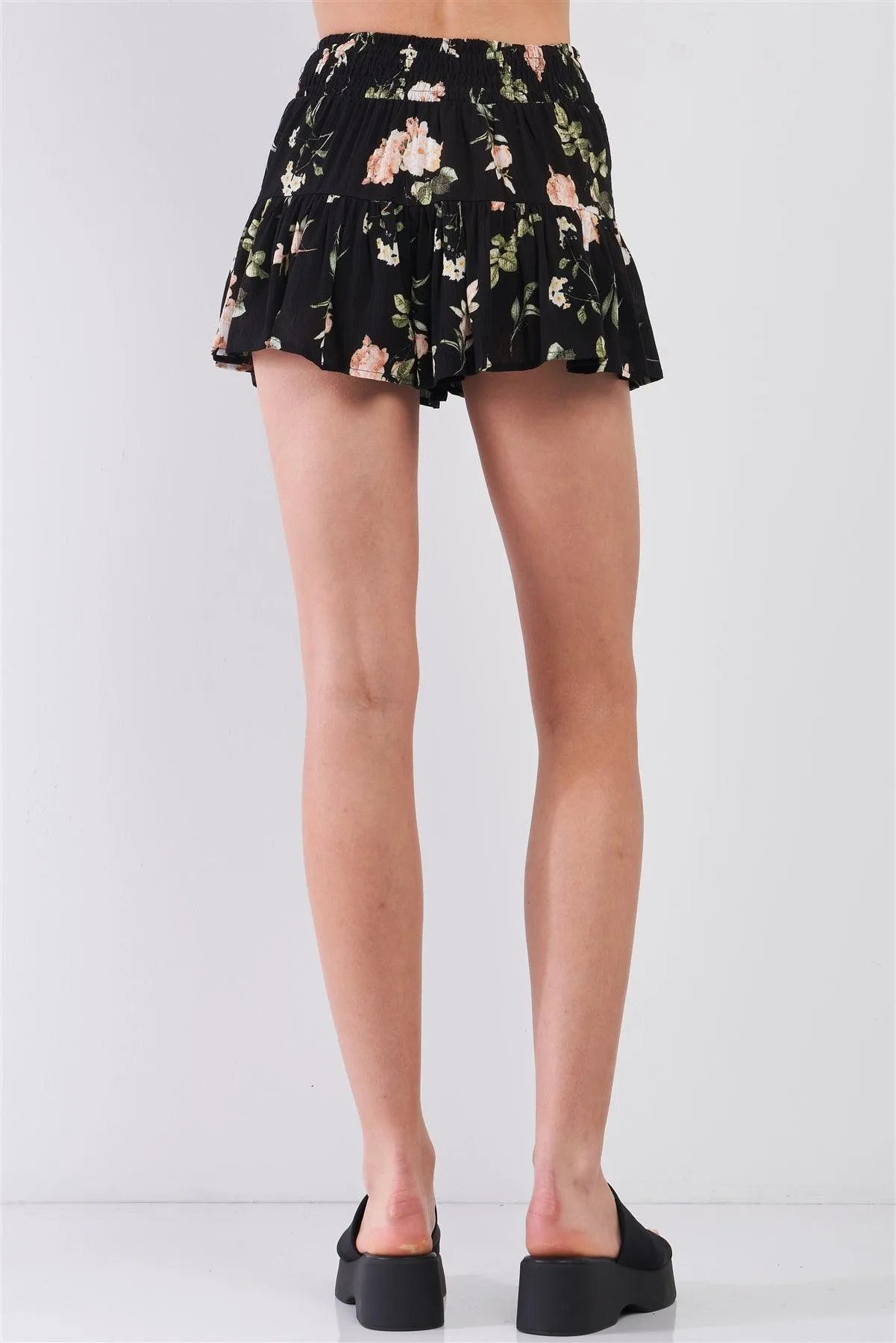 Black & Multi Floral Print High-Waisted Smock Wide Leg Shorts /1-2-2-1 - Tasha Apparel Wholesale