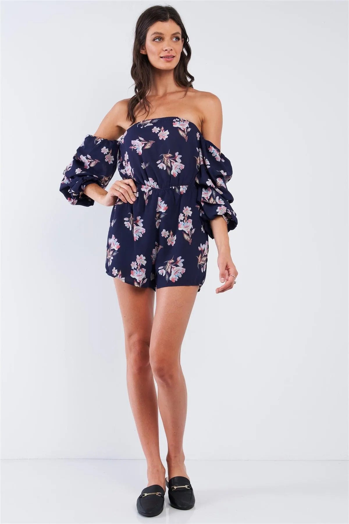 Navy Multicolor Floral Off-The-Shoulder Gathered Sleeve Detail Romper /1-2-2-1 - Tasha Apparel Wholesale