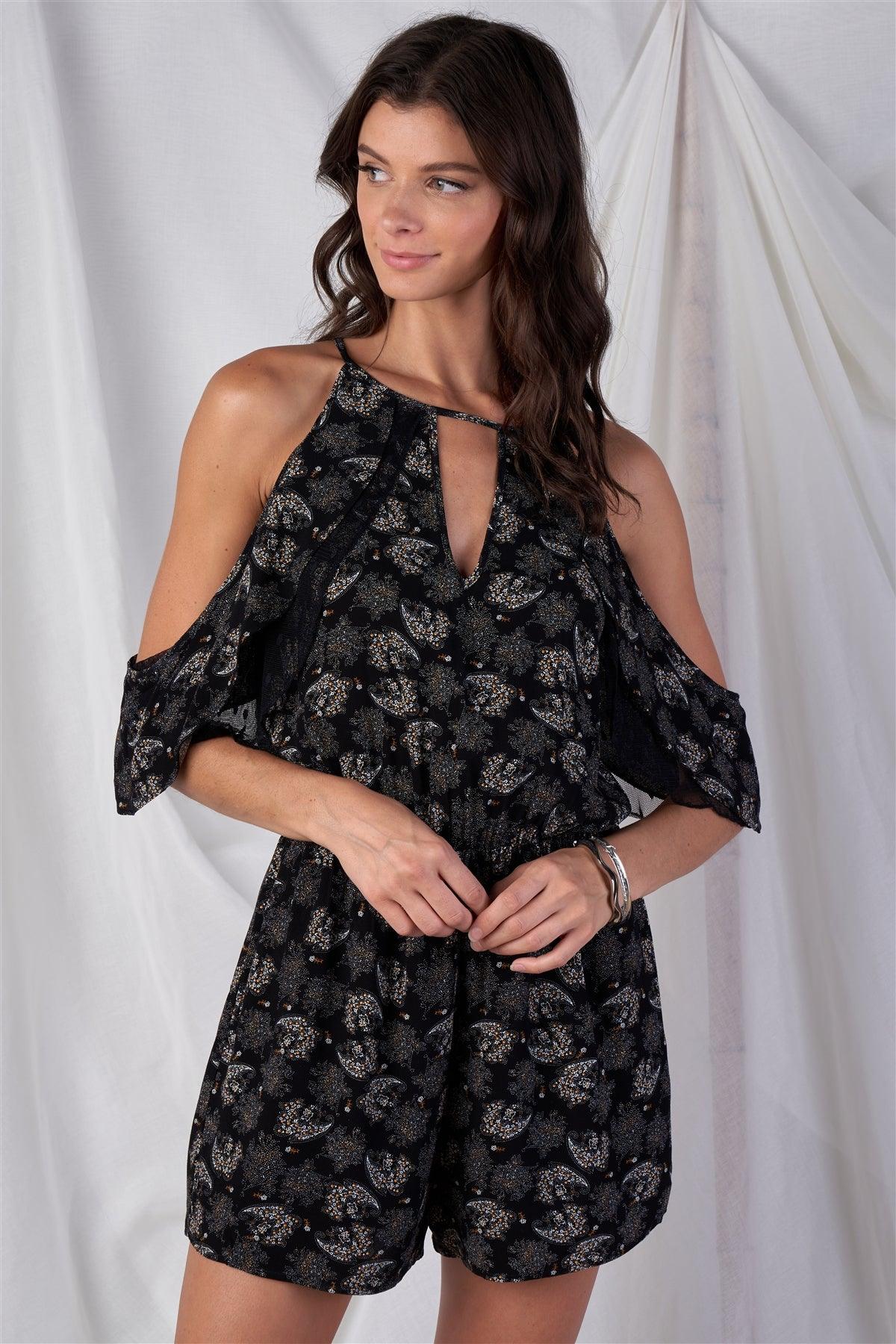 Black Gold And White Paisley Print V-Neck Off-The-Shoulder Wing Mini Sleeve Romper