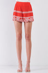 Red & White Tribal Floral Embroidery High Waist Summer Mini Shorts