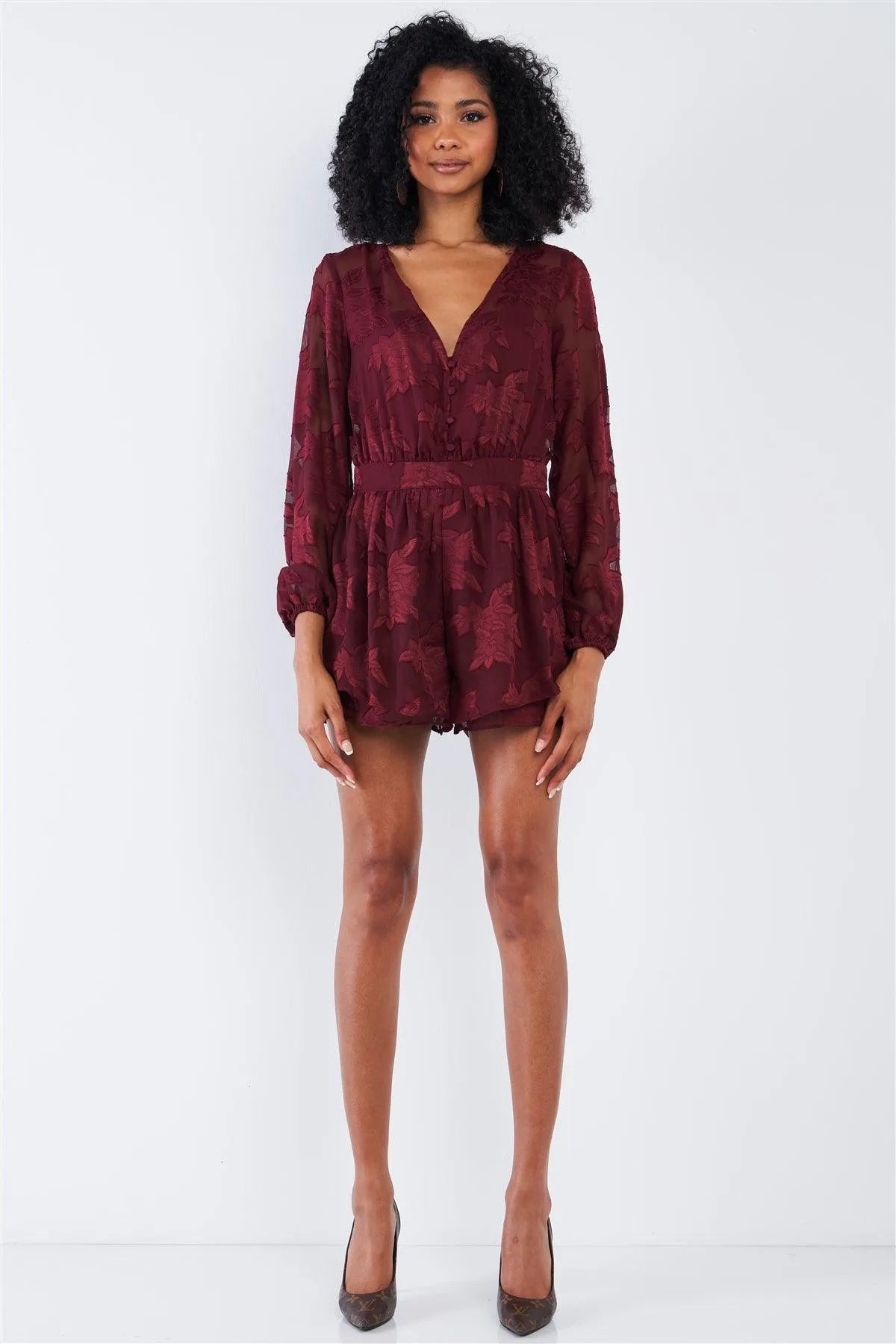 Cabernet Red Long Sleeve Layered Lace V-neck Button Up Romper /1-2-3-1 - Tasha Apparel Wholesale