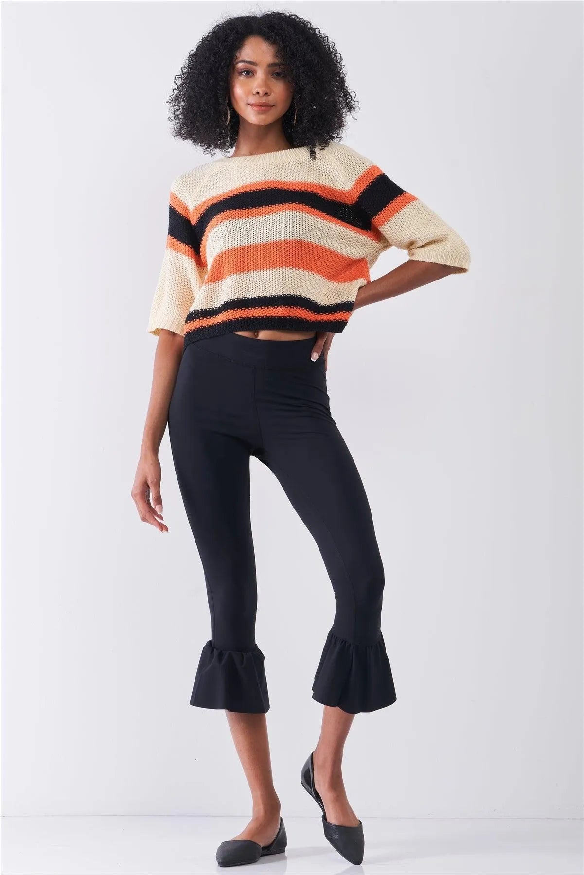 Black Retro High-Waisted Elastic Bell Leg Fitted Capri Pants /1-2-2 - Tasha Apparel Wholesale