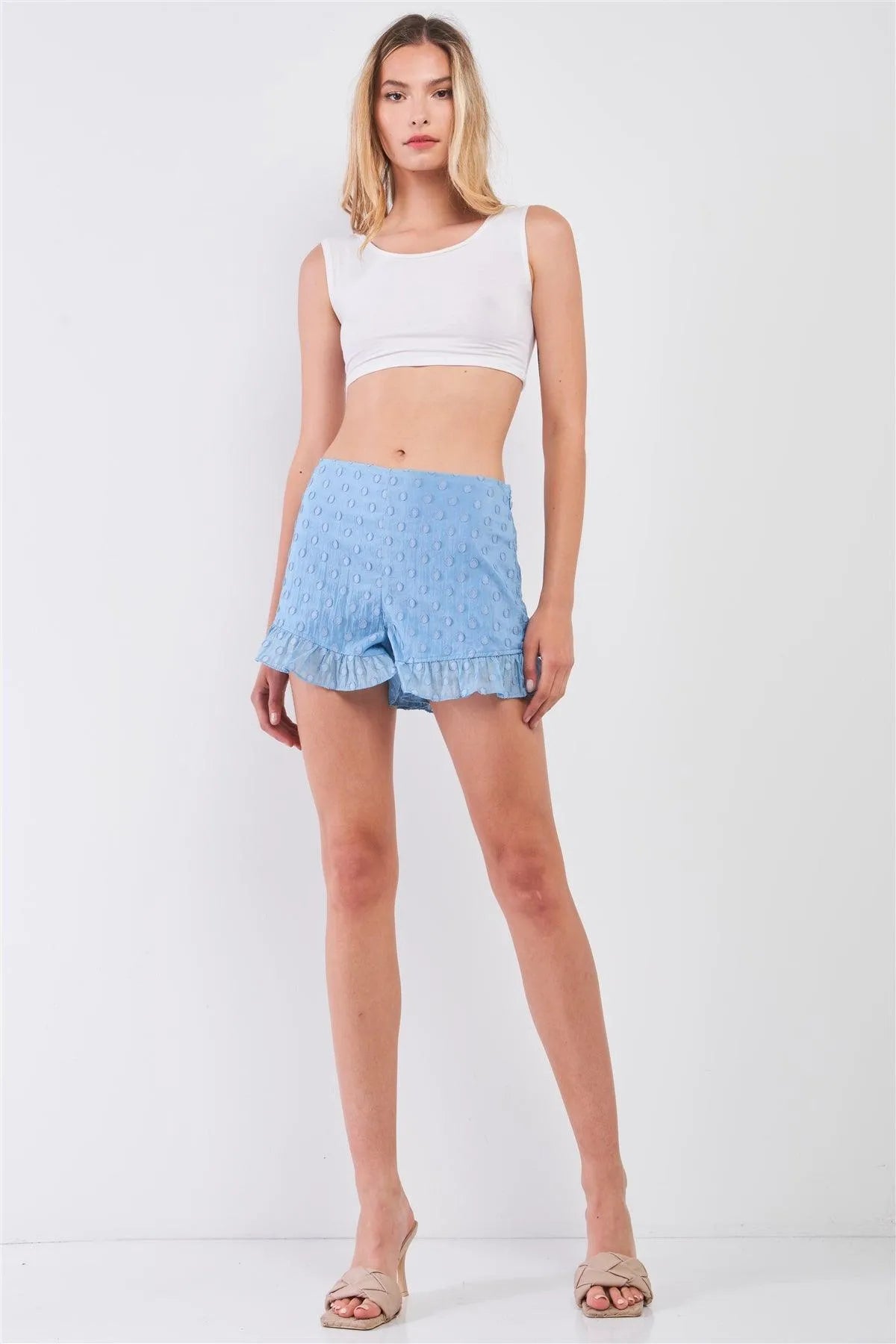 Sky Blue Polka Dot High-Waisted Ruffle Hem Shorts /1-2-2-1 - Tasha Apparel Wholesale