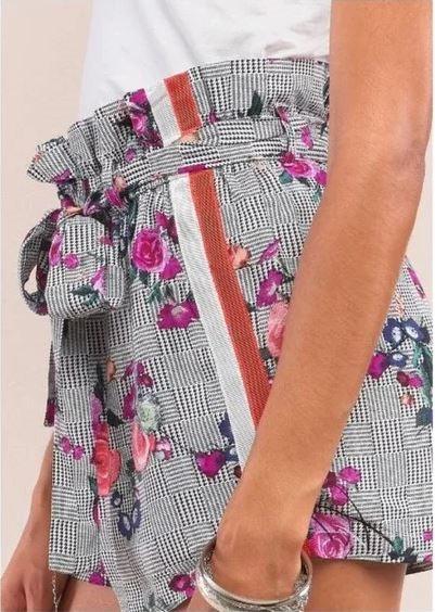 Multi Color Houndstooth Print Floral Print High Waist Two Side Pockets Self-Tie Belt Relaxed Fit Mini Shorts