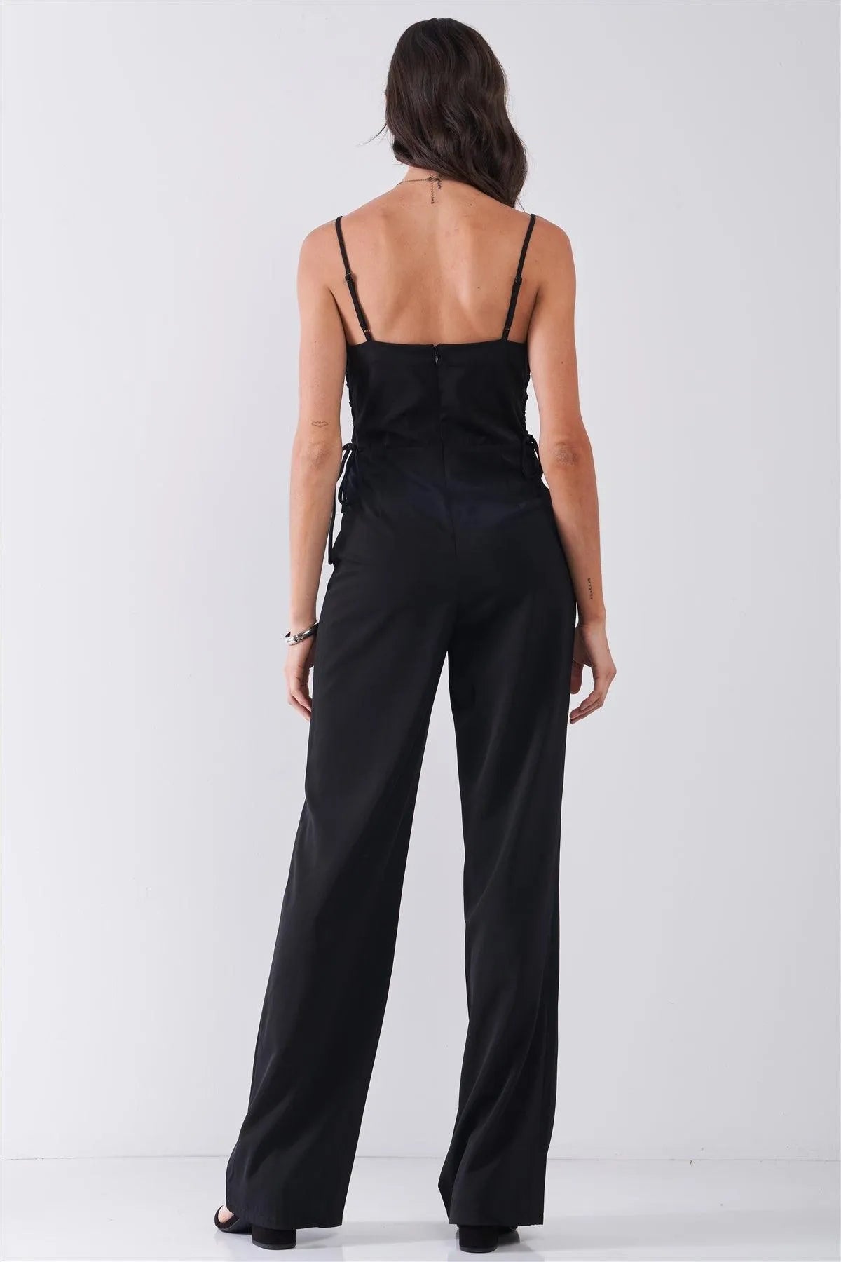 Black Sleeveless Sweetheart Neck Side Lace-Up High-Waisted Straight Leg Jumpsuit /1-2-2-1 - Tasha Apparel Wholesale