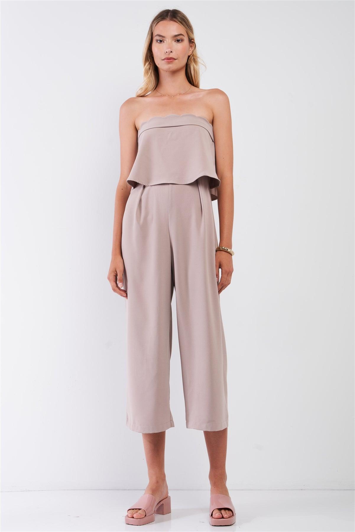 Mocha Strapless Layered Top High Waist Wide Leg Ankle Length Jumpsuit