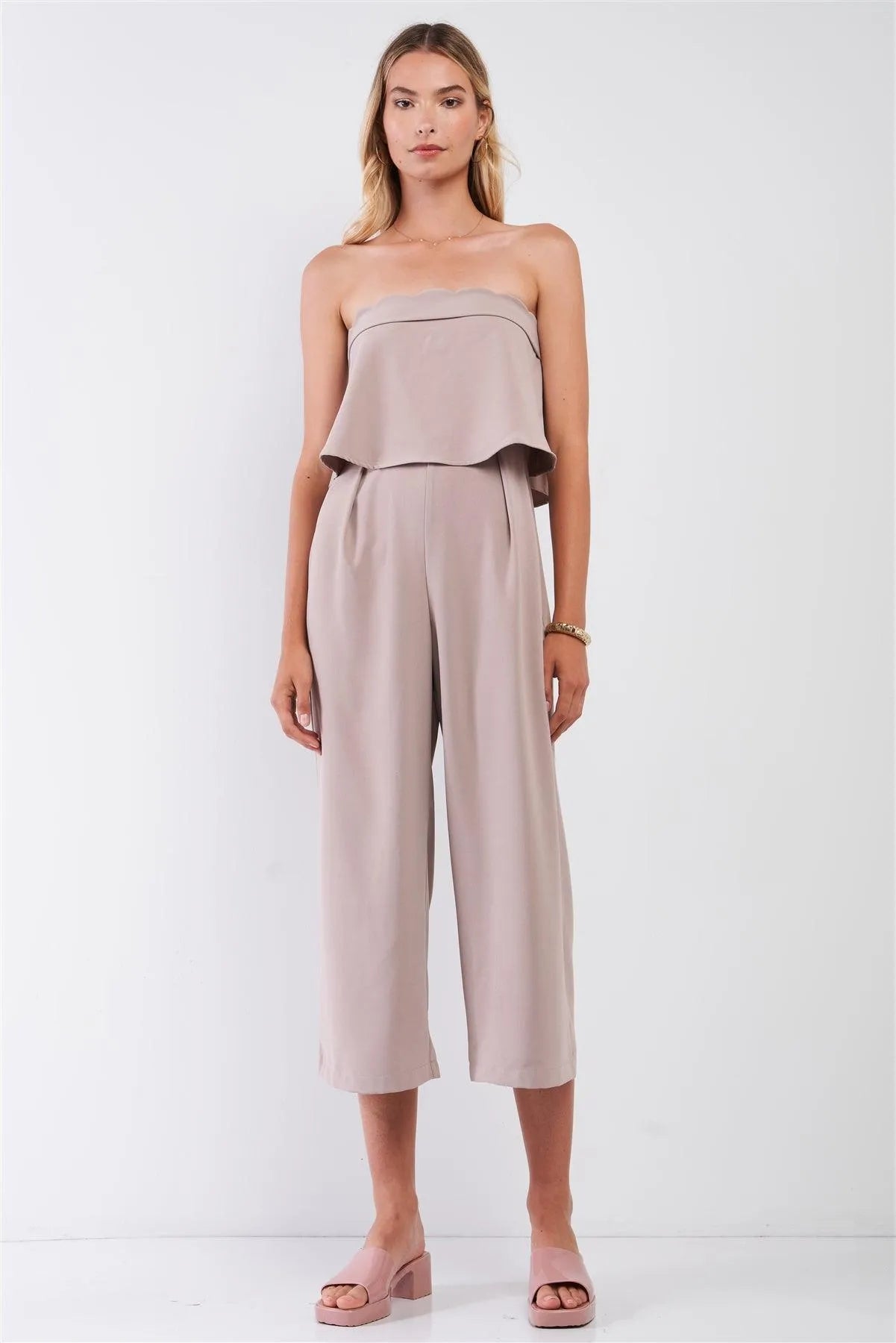 Mocha Strapless Layered Top High Waist Wide Leg Ankle Length Jumpsuit - Tasha Apparel Wholesale
