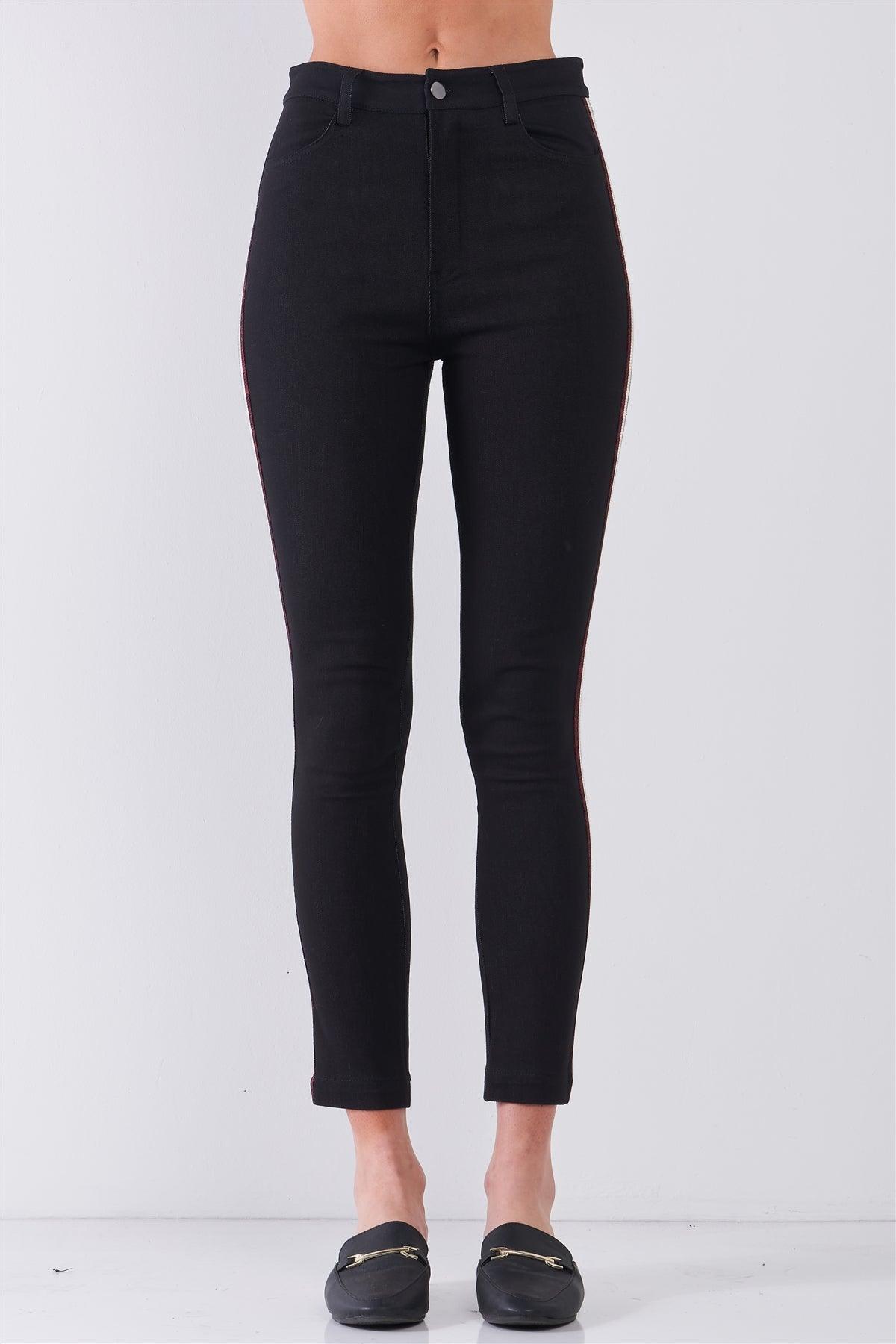 Black Mid-Rise Glitter Multi-Stripe Side Trim Detail Skinny Pants