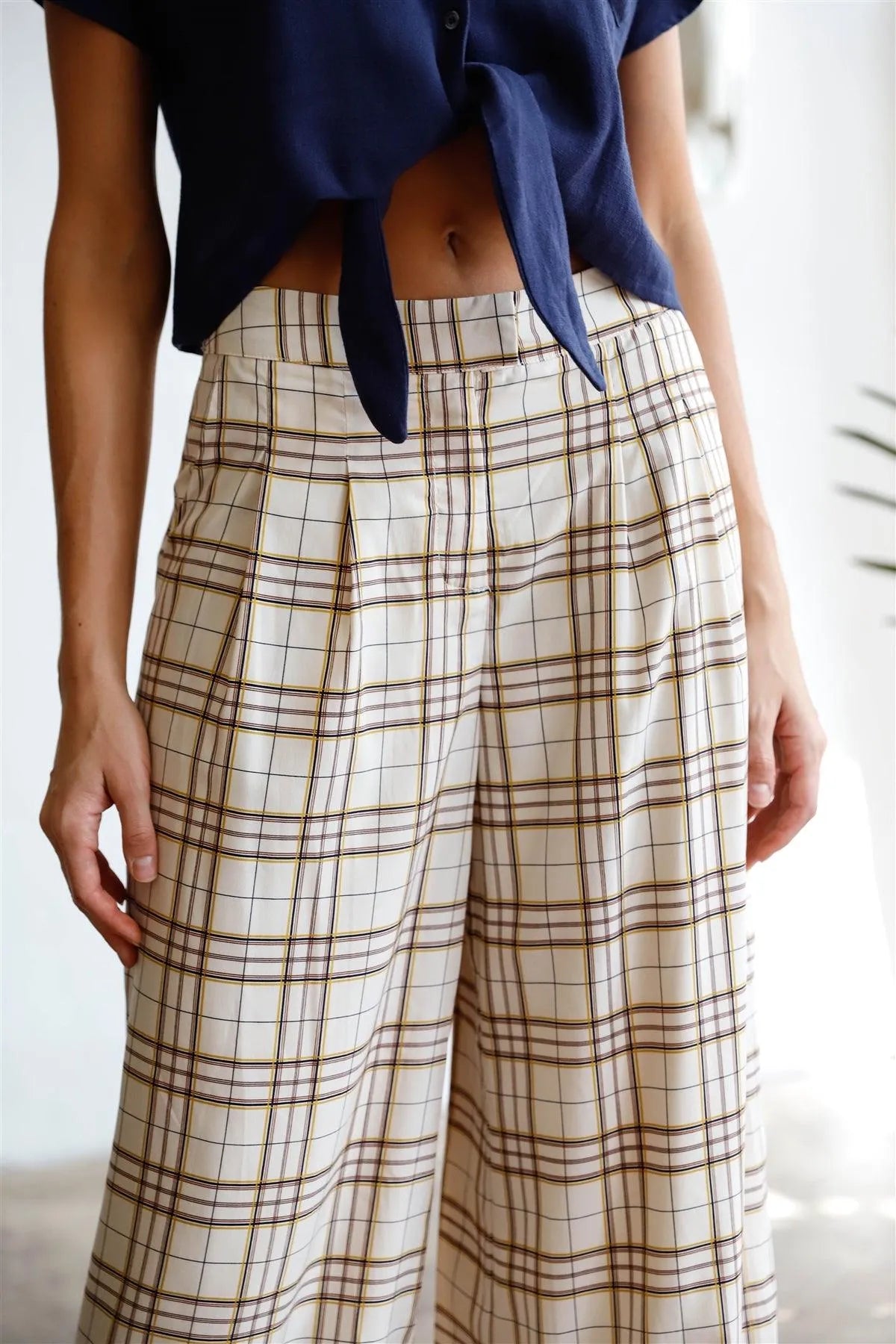 Ivory Multi Color Plaid Wide Leg Pants /1-2-2-1 - Tasha Apparel Wholesale