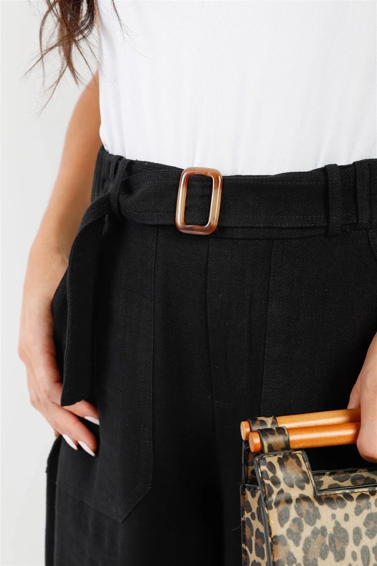 Black Viscose & Linen Blend Belted Wide Leg Pants /2-3 - Tasha Apparel Wholesale