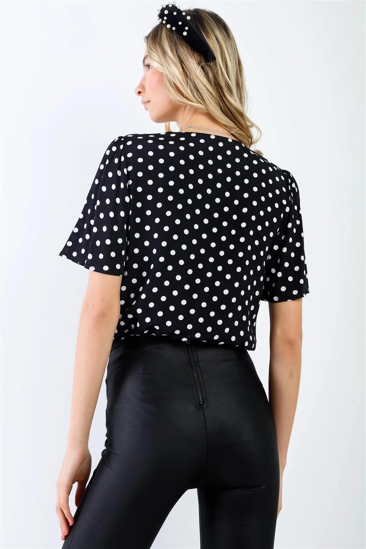 Black & White Polka Dot Front Wrap V-Neck Short Sleeve Bodysuit /1-2-2-1 - Tasha Apparel Wholesale