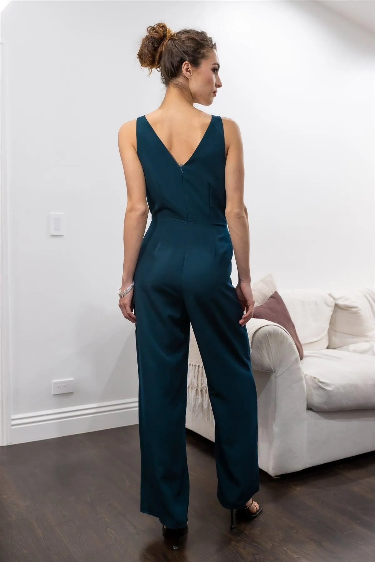 Teal Front Double Wrap Lace Trim Neck Detail Sleeveless Jumpsuit /1-3-2 - Tasha Apparel Wholesale