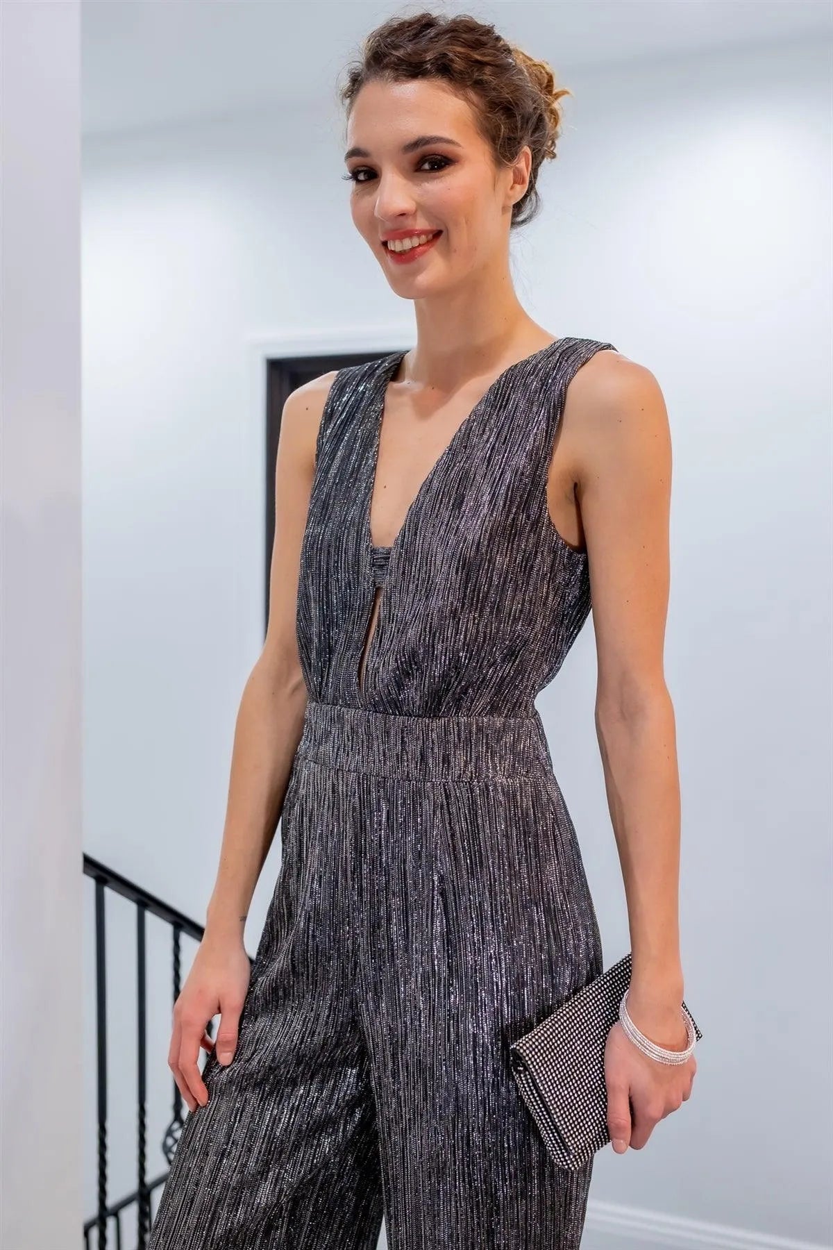 Silver Pleated Sparkly V-Neck Cut-Out Detail Jumpsuit /1-2-2-1 - Tasha Apparel Wholesale
