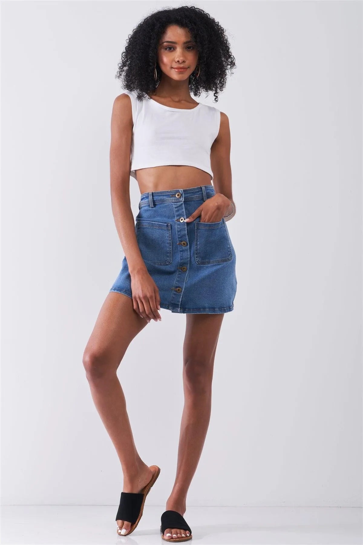 OG Vintage Blue Denim High Waist Button-Down Two Front Pockets Detail Mini Skirt /1-2-2-1 - Tasha Apparel Wholesale