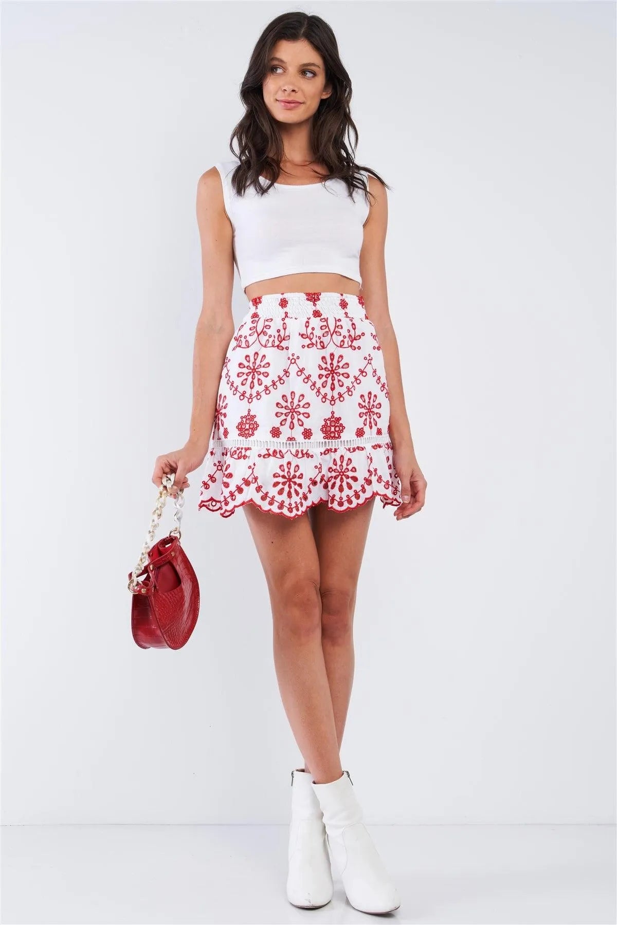 White&Red Eyelet Embroidered High Waist Mini Skirt /1-2-2-1 - Tasha Apparel Wholesale