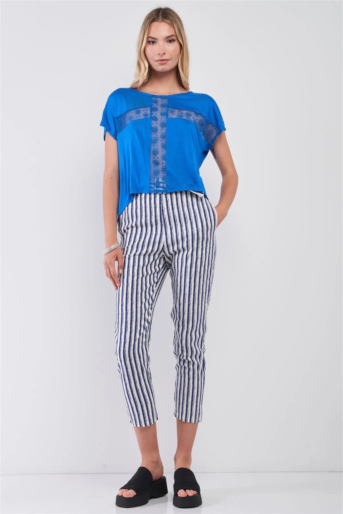 Blue Boat Neck Cut-In Floral Embroidery Top /1-2-2-1 - Tasha Apparel Wholesale