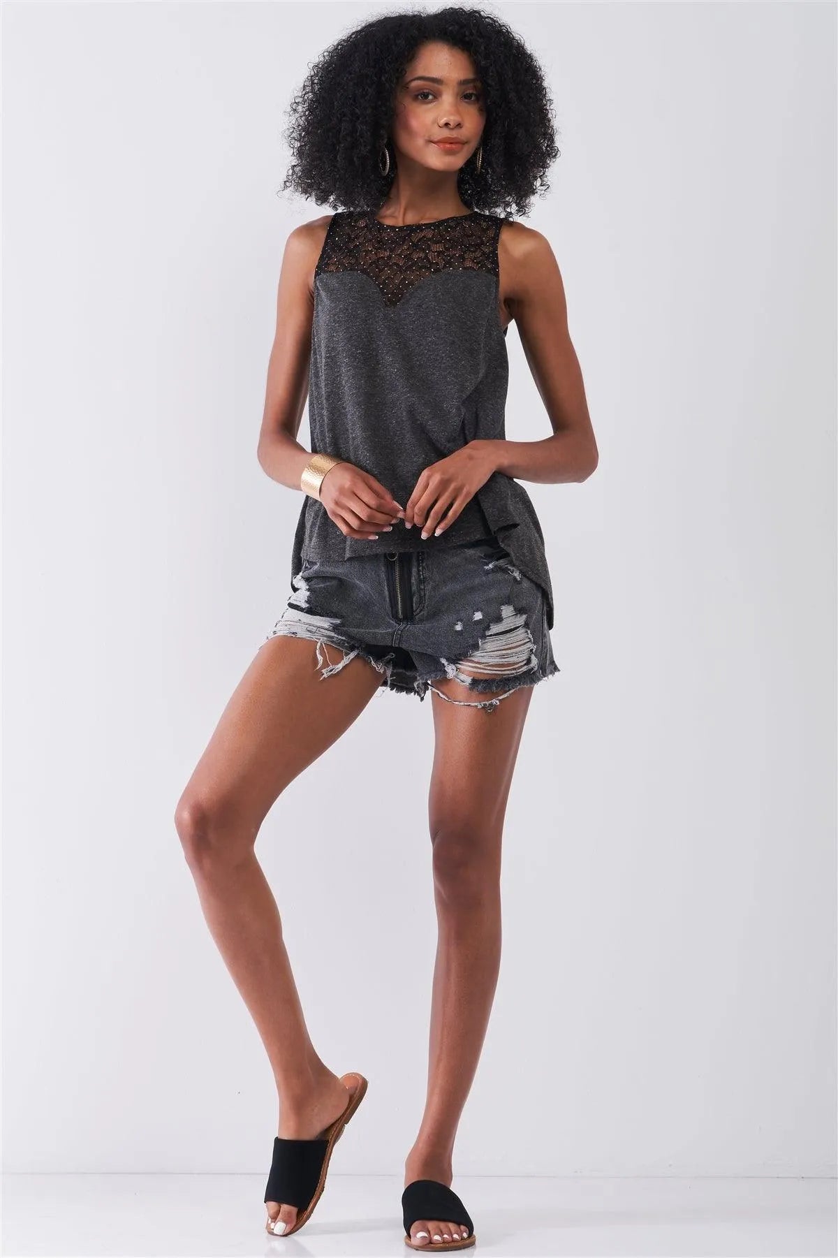 Charcoal Grey Sleeveless Golden Polka Dot Decor Lace Mesh Combo Split Back Detail Sweetheart Neck Top /1-2-2-1 - Tasha Apparel Wholesale