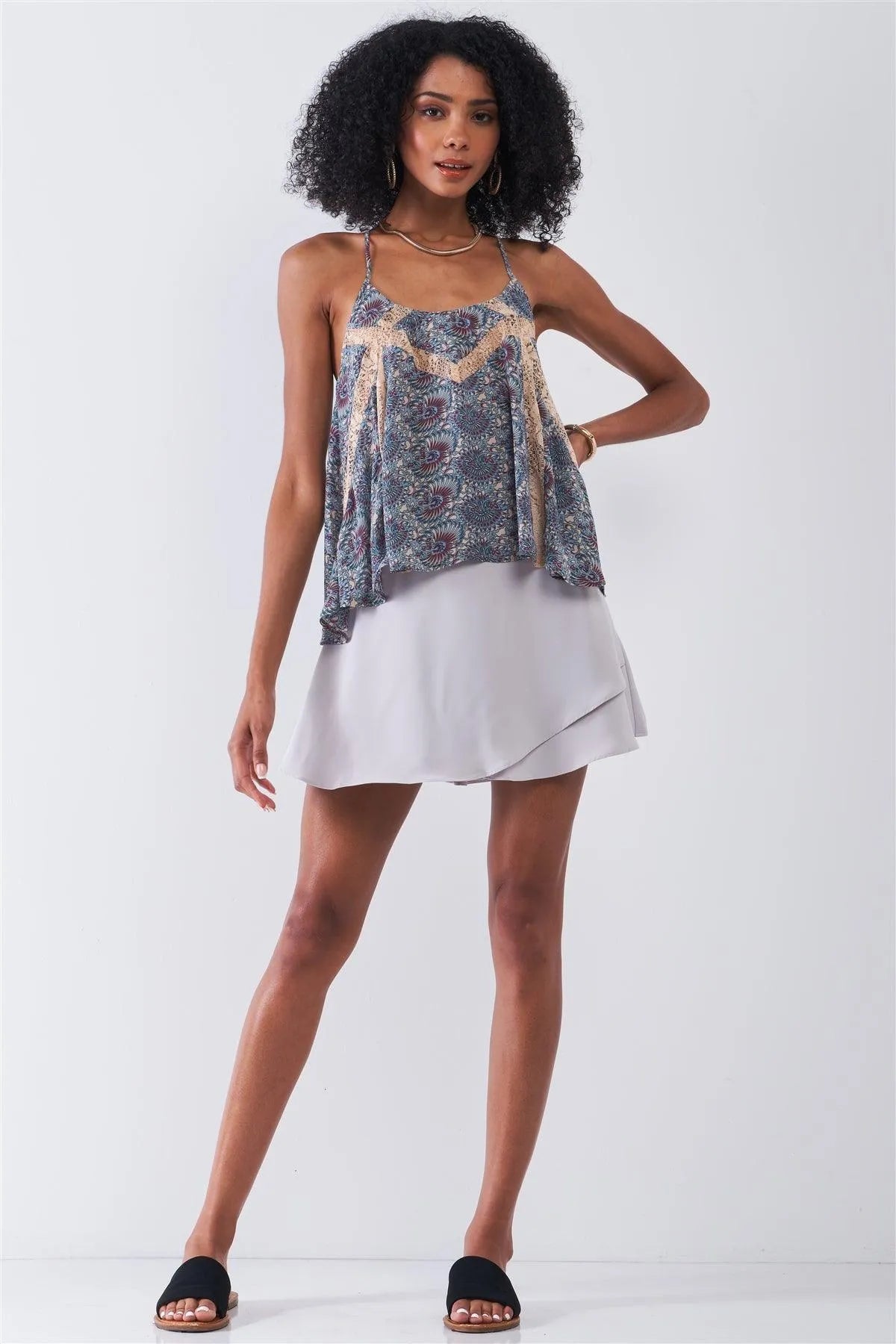 Blue Cream Paisley Pattern Print Sleeveless Lace Cut-Ins Racer Back Detail Relaxed Babydoll Top /1-2-2-1 - Tasha Apparel Wholesale