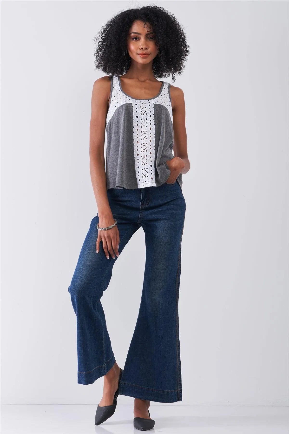 Grey & White Sheer Crochet Trim Sleeveless Scoop Neck Relaxed Top /1-2-2-1 - Tasha Apparel Wholesale