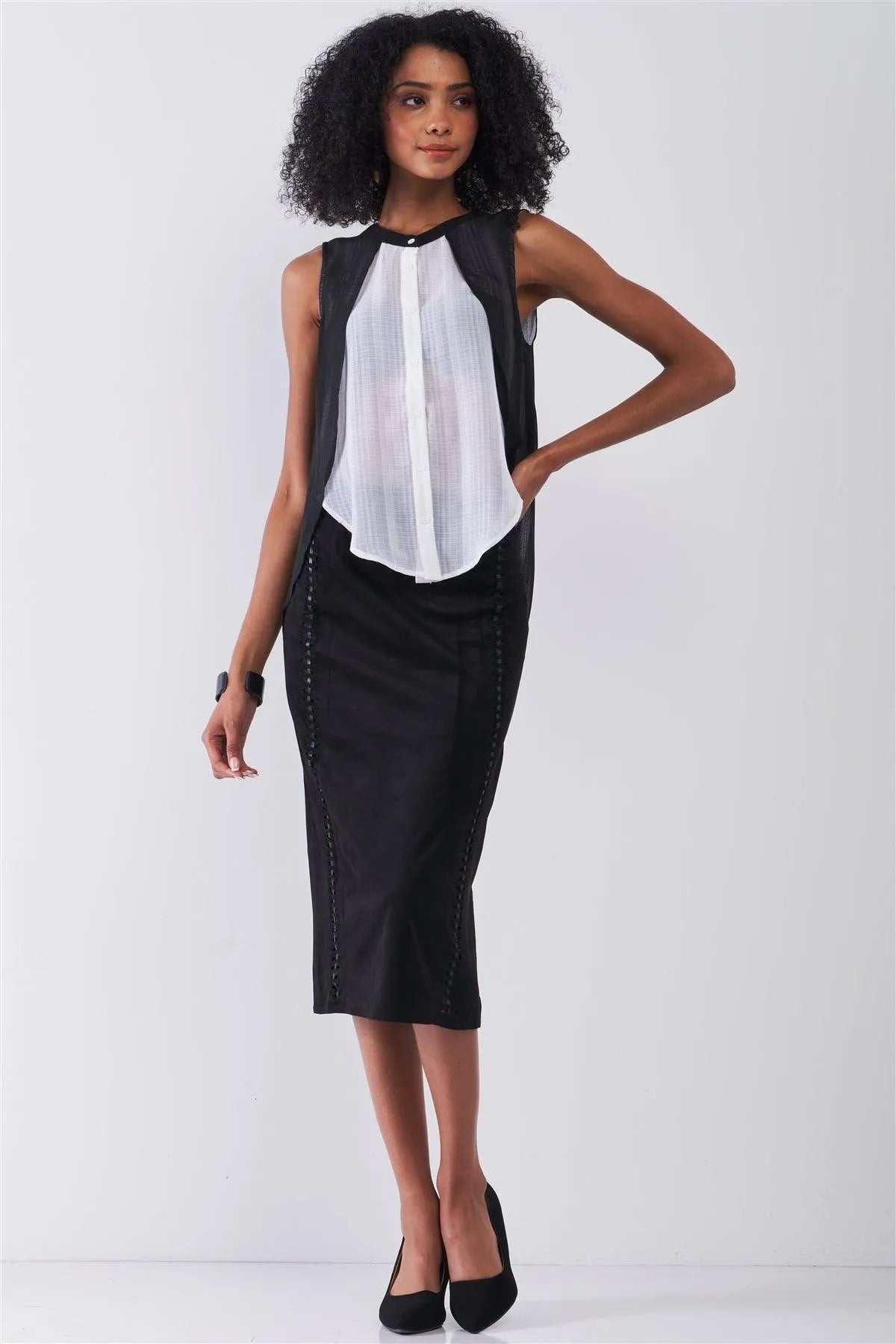 Black & White Double Layered Round Neck Sleeveless Front Button Down Skirt Asymmetrical Hem Top /1-2-2-1 - Tasha Apparel Wholesale