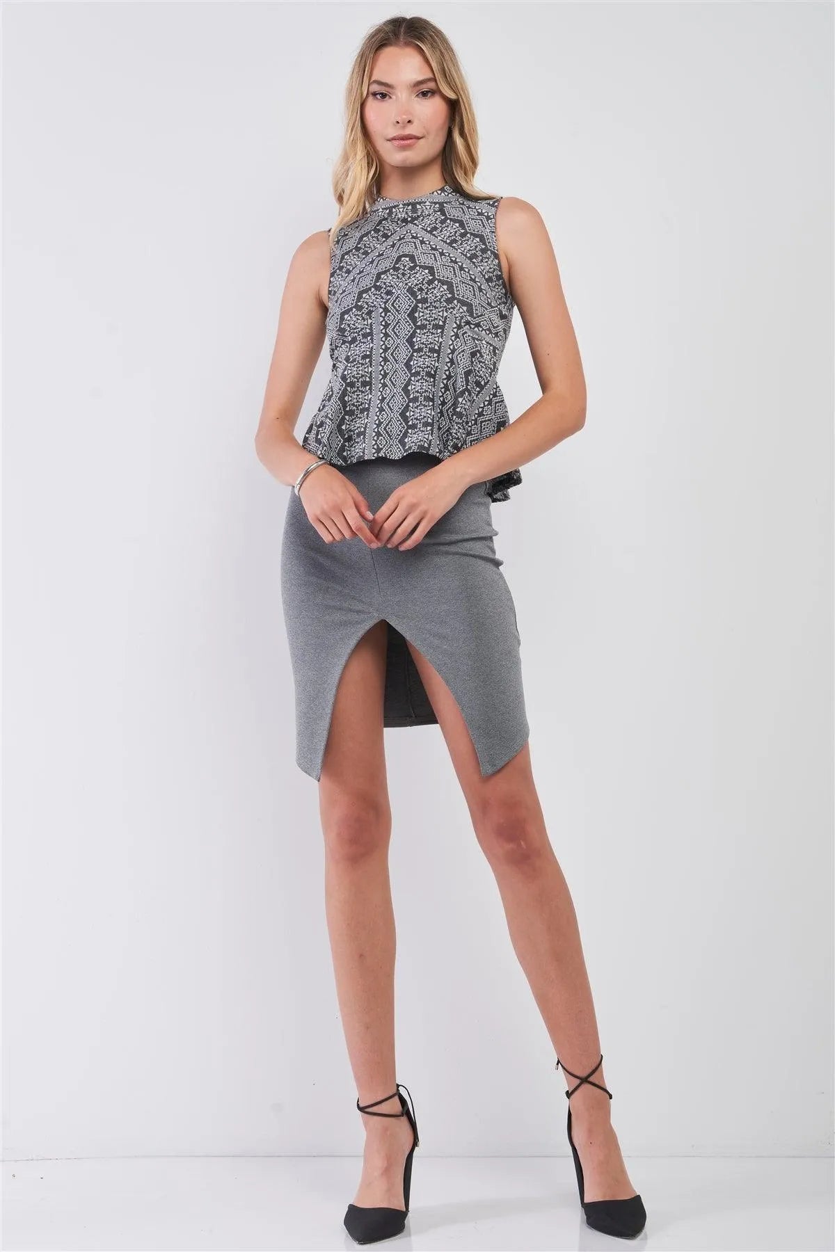 Charcoal Grey Damask-Inspired Geometric Pattern Print Sleeveless Mock Neck Fit & Flare Top /1-2-2-1 - Tasha Apparel Wholesale