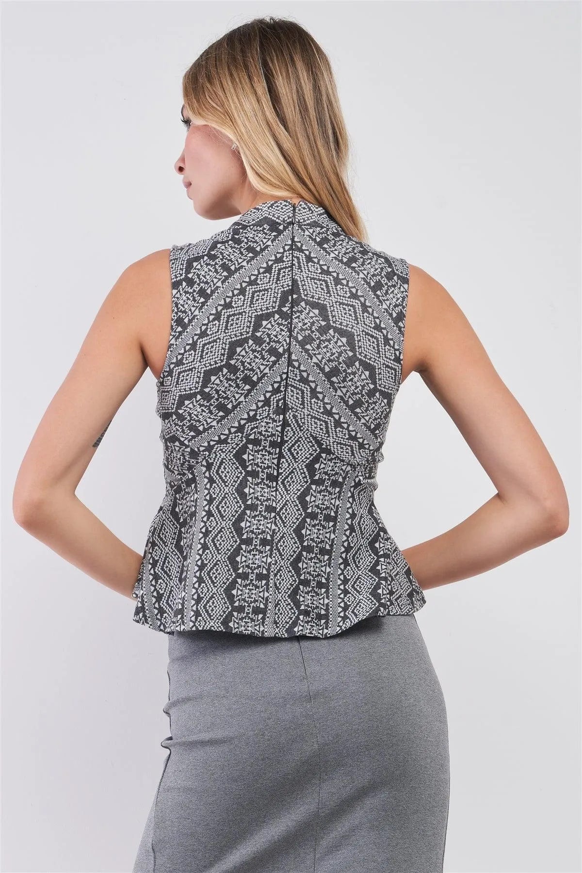 Charcoal Grey Damask-Inspired Geometric Pattern Print Sleeveless Mock Neck Fit & Flare Top /1-1-2-2 - Tasha Apparel Wholesale