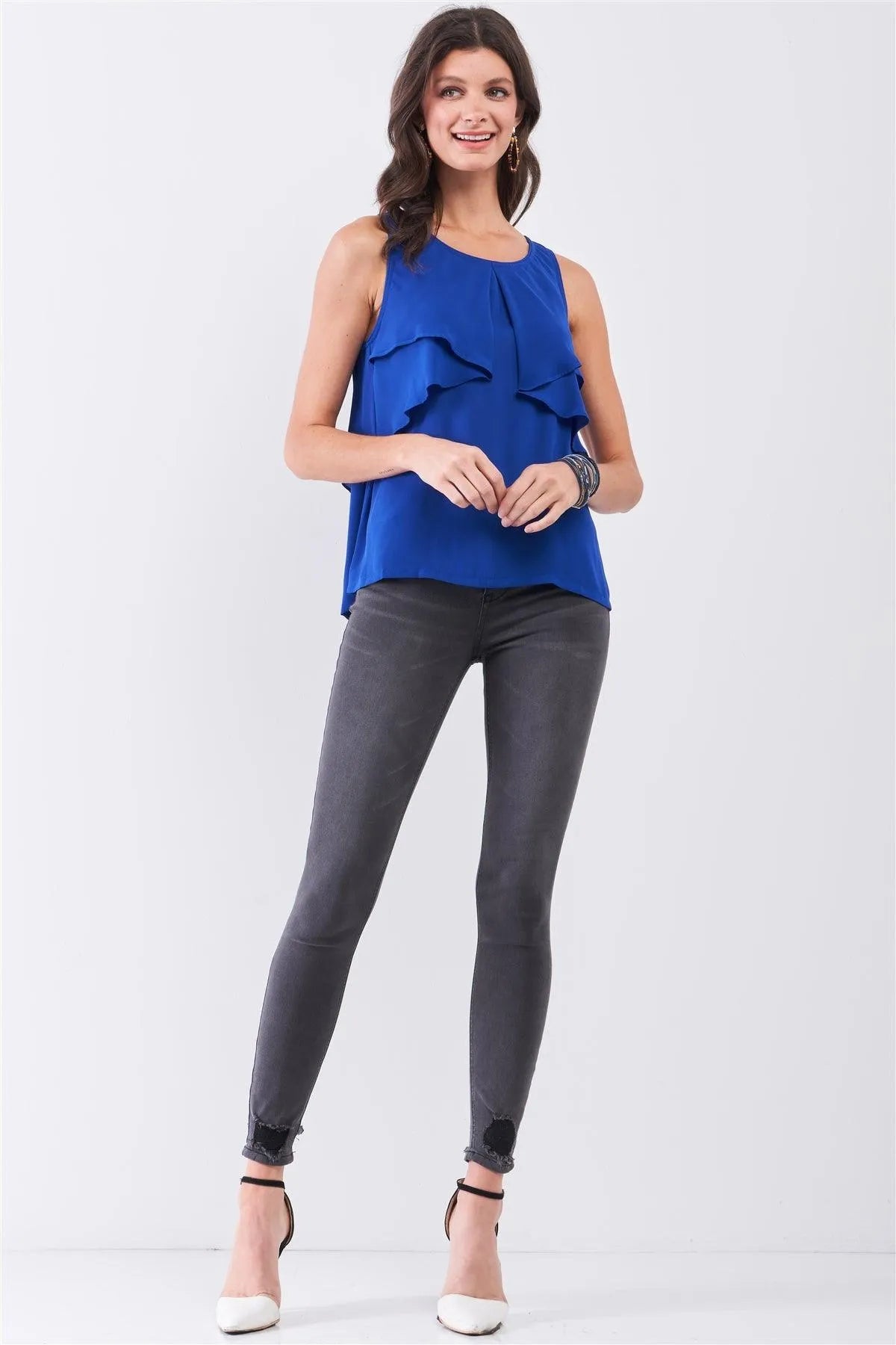 Royal Blue Sleeveless Round Neck Layered Babydoll Top /1-2-2-1 - Tasha Apparel Wholesale