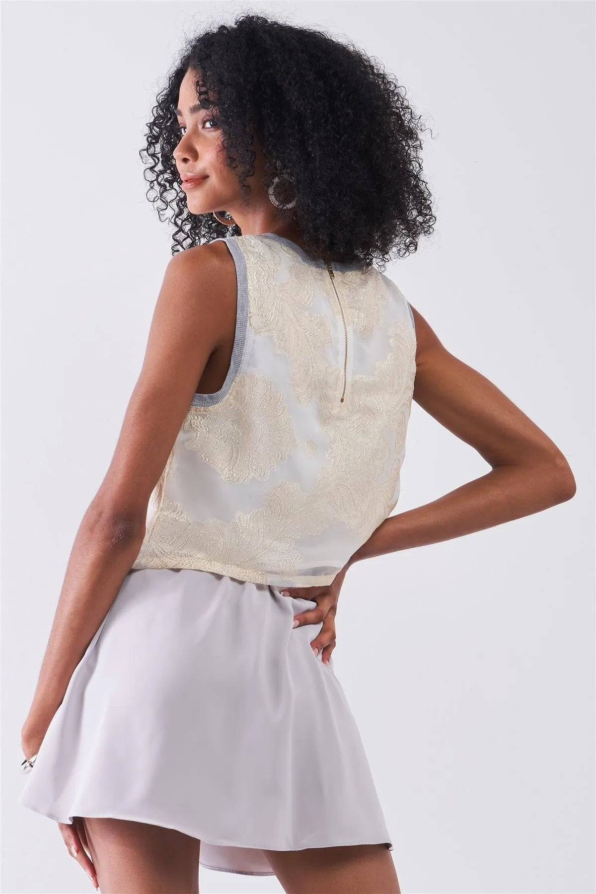 Cream Chiffon Golden Weave Ornament Embroidery Sleeveless Crop Top /1-1-2-1 - Tasha Apparel Wholesale