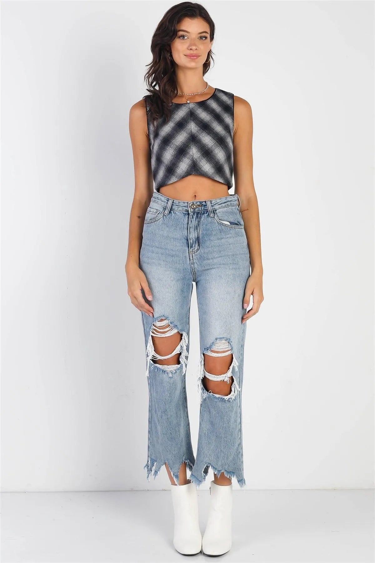 Black And Grey Checkered Sleeveless Round Neck Woolen Cropped Top /1-2-2-1 - Tasha Apparel Wholesale
