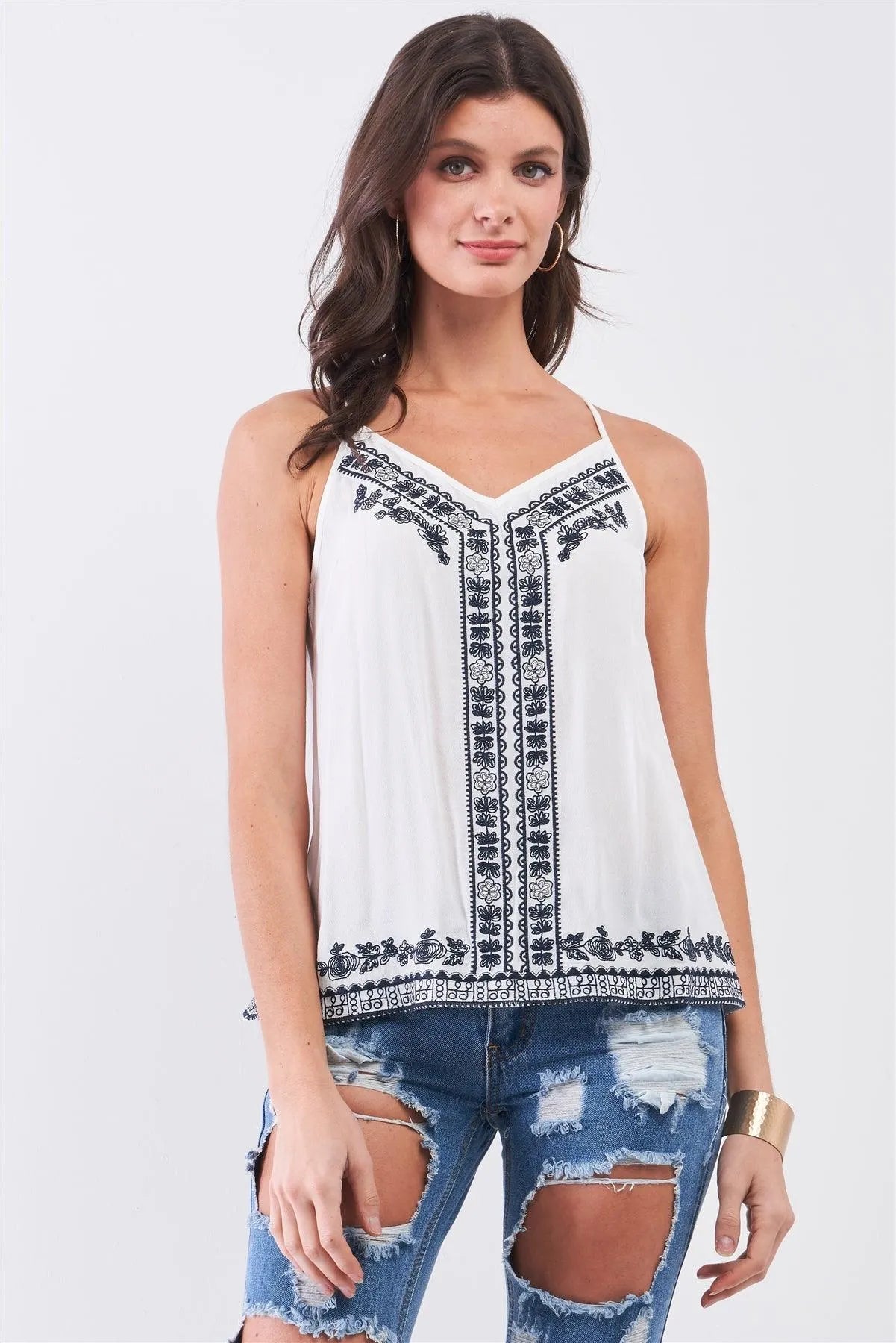 White Slavic Inspired Embroidery Detail Sleeveless V-Neck Babydoll Top /1-2-1-1 - Tasha Apparel Wholesale