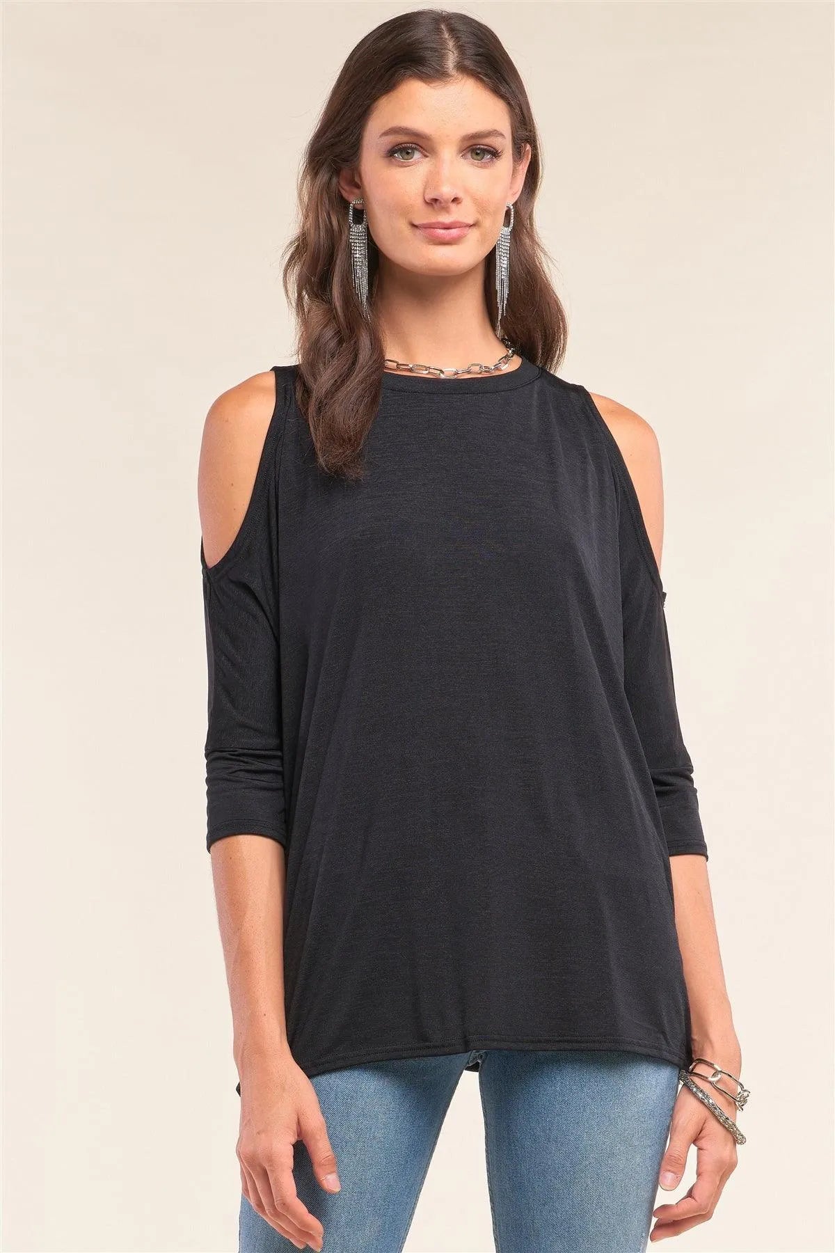 Black Relaxed Fit Crew Neck Midi Sleeve Cut-Out Shoulder Detail Yoga Top /2-1-2 - Tasha Apparel Wholesale