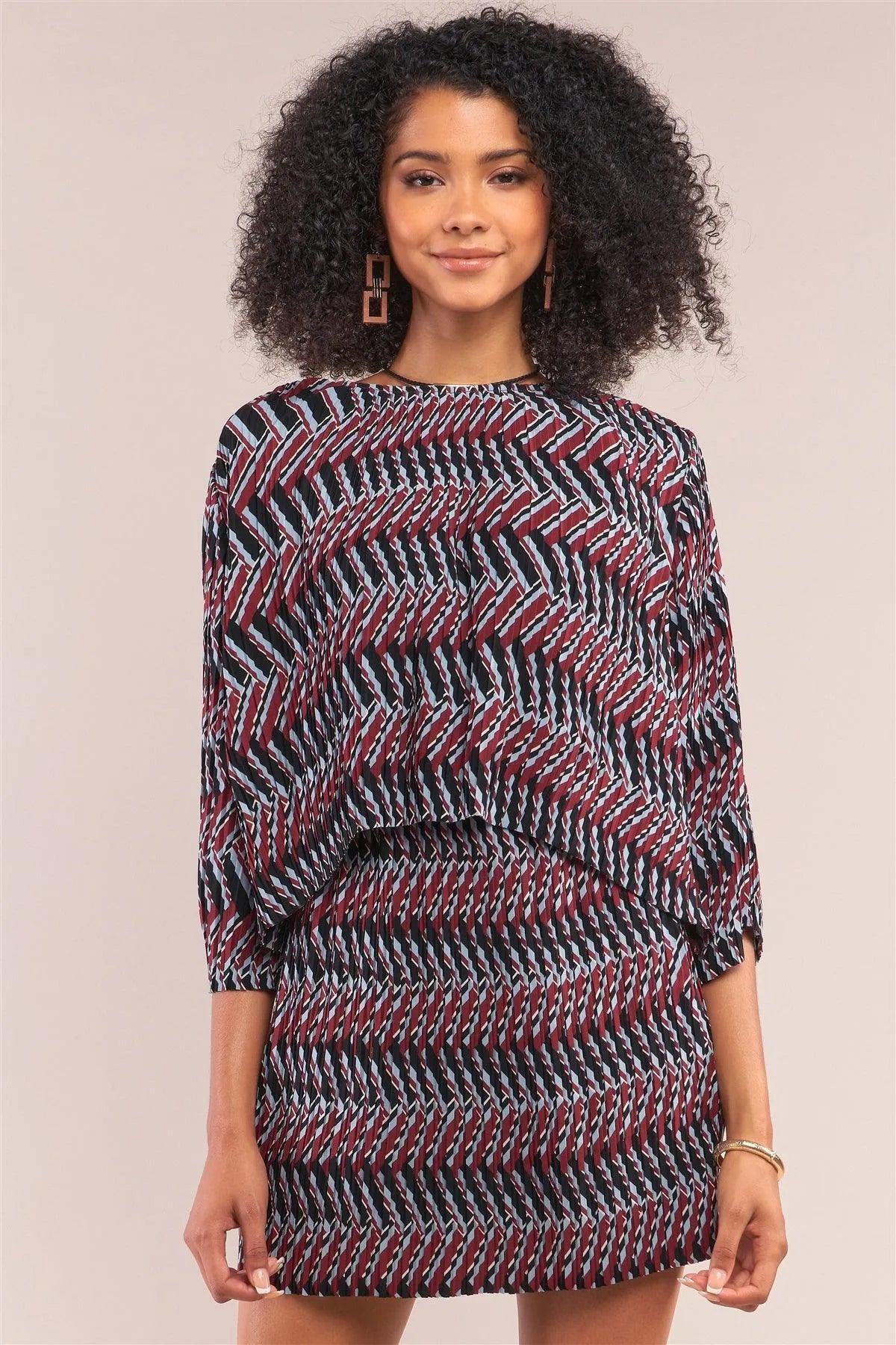Wine Multi Print Pleated Midi Sleeve Top And Mini Skirt Two-Piece Set /1-1-2-1 - Tasha Apparel Wholesale