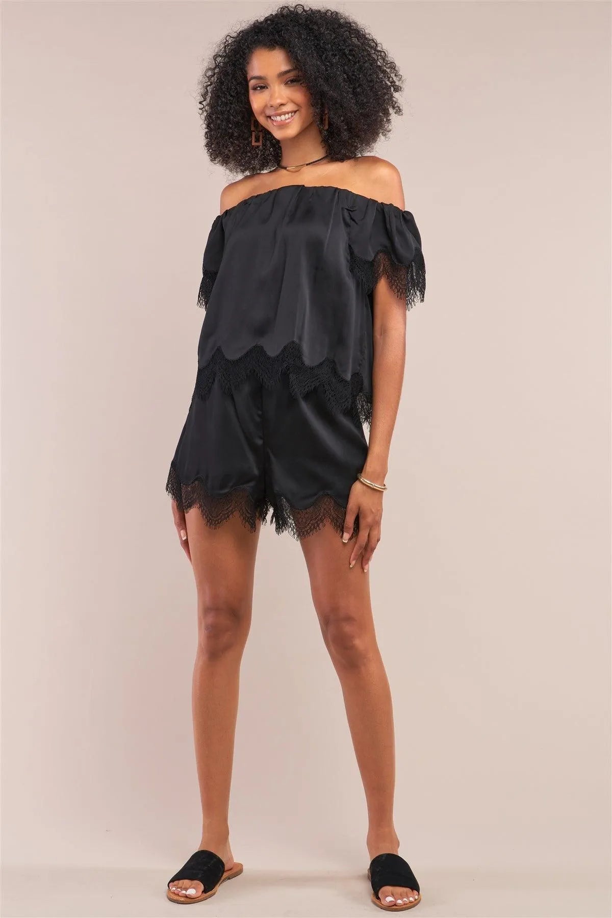 Black Satin Lace Trim Off-The-Shoulder Top & High Waist Shorts Set /1-2-2-1 - Tasha Apparel Wholesale