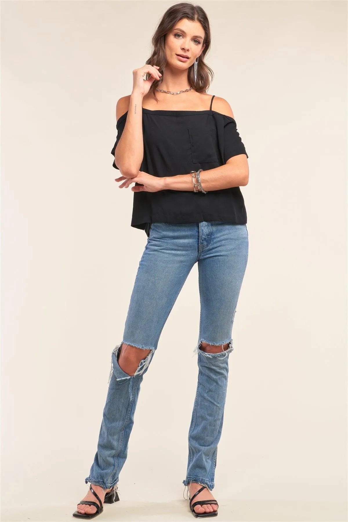 Black Off-The-Shoulder Square Neck Loose Fit Chest Pocket Detail Top /3-3 - Tasha Apparel Wholesale