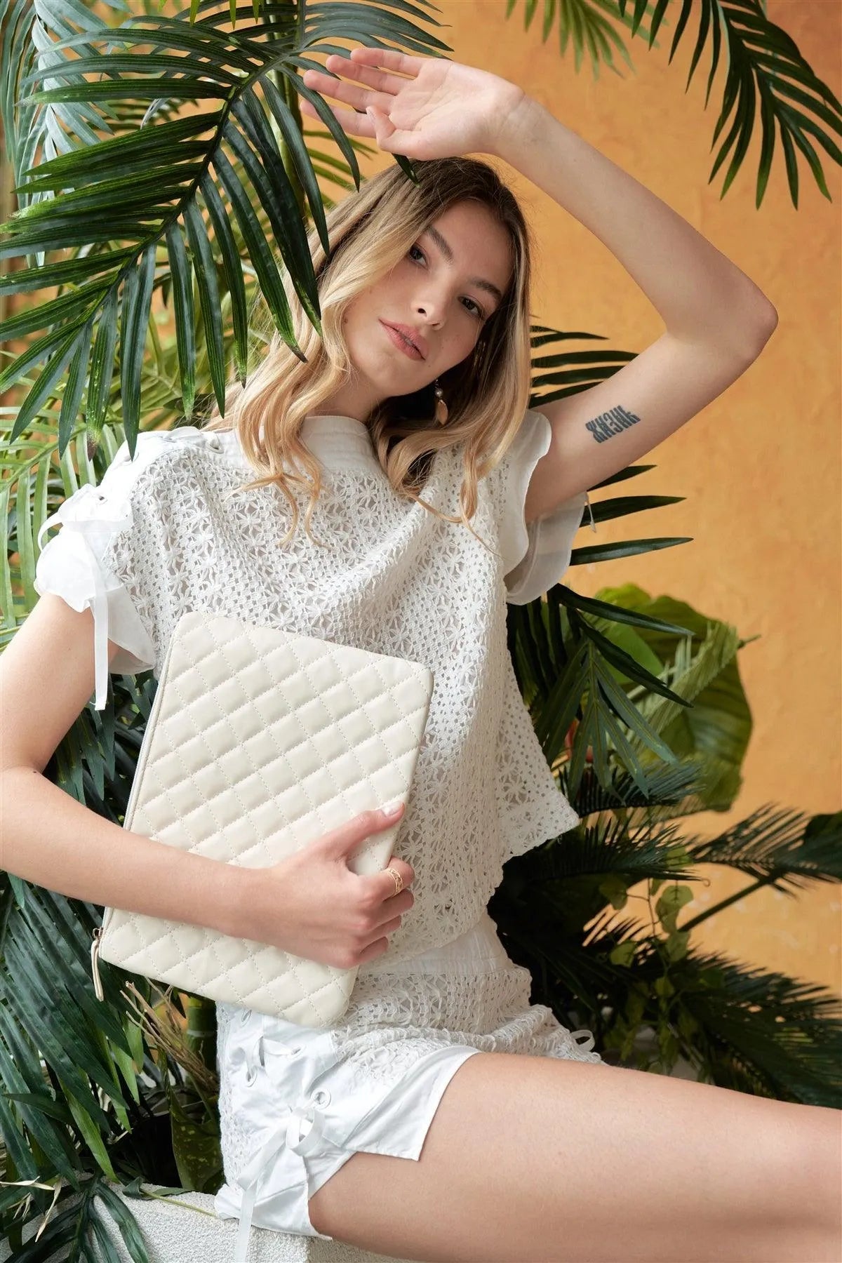 White Embroidery Crochet Lace-Up High-Neck Short Sleeve Top & High-Waisted Shorts Two Piece Set /1-2-2-1 - Tasha Apparel Wholesale
